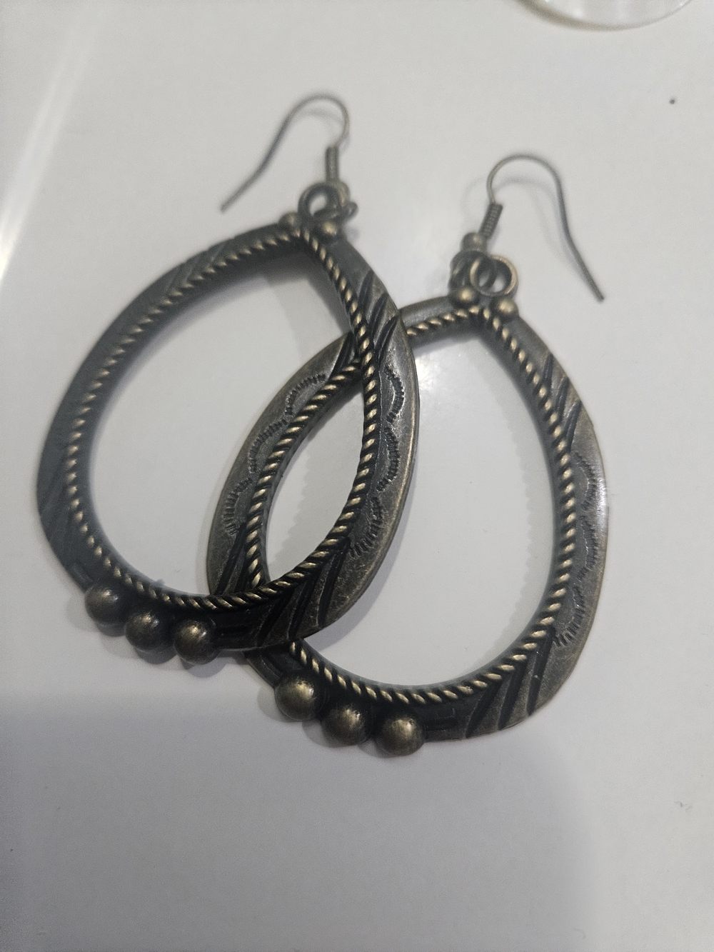 Antique-Style Teardrop Hoop Earrings in Aged Silver